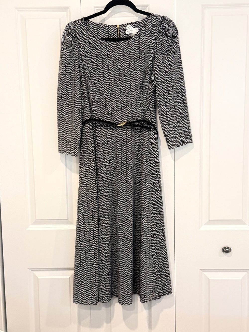 Calvin Klein Black White Zig-Zag Belted Midi Dress Size 12